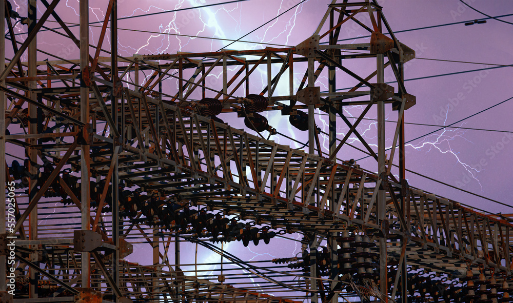 Transformer Concept - High Voltage electric substation with lightning