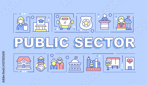 Public sector word concepts purple banner. Services and enterprises. Infographics with editable icons on color background. Isolated typography. Vector illustration with text. Arial-Black font used