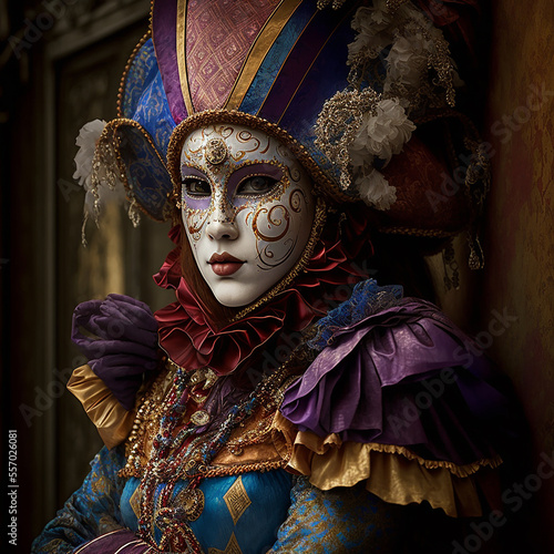 Person with a typical mask of the Venetian carnival. Venice carnival concept. Generative AI.