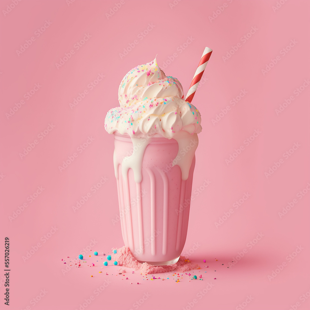 Strawberry milkshake on a pink background. Generative AI. Strawberry milkshake on a pink background. Generative AI.