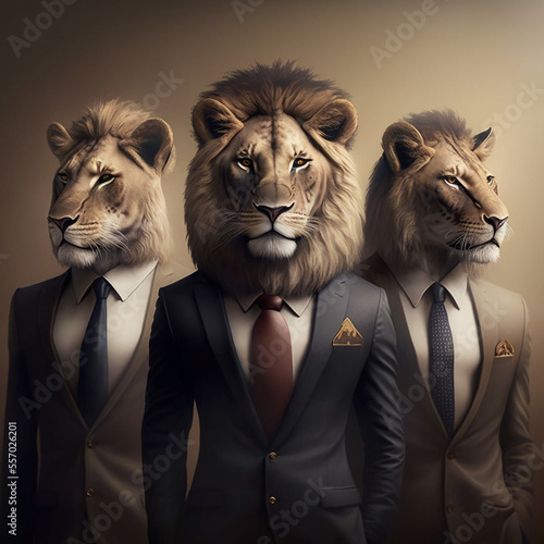 Image of some lions in an elegant suit. Generative AI. photo