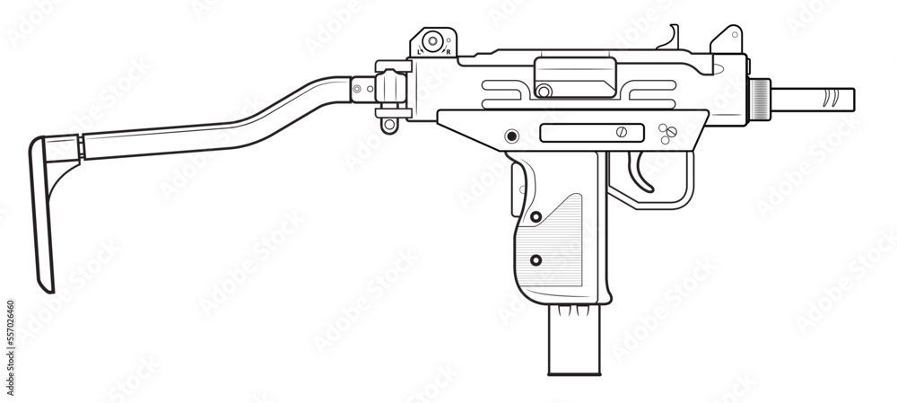Vector illustration of the MICRO UZI israel machine gun with unfolded stock on the white background. Right side.