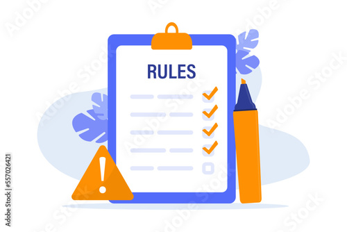 Rules vector illustration. Checklist with requirements. Company order, restrictions, law, and regulations. Clipboard with regulations. Vector illustration