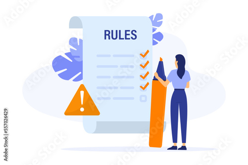 Rules vector illustration. Checklist with requirements. Company order, restrictions, law, and regulations. Clipboard with regulations. Vector illustration