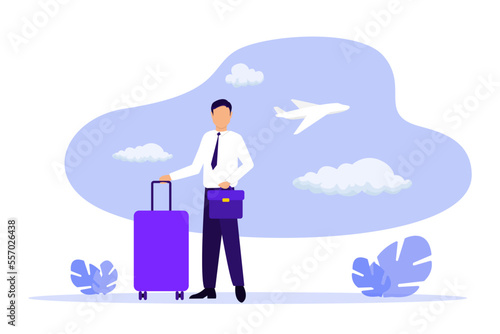 Businessman traveller at airport departure area waiting for flight. Concept of business travel or tourism, work in trip. Vector illustration of business journey. Airplane behind window