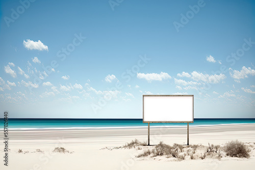 Beach landscape with empty banner art, isolated. Generative AI