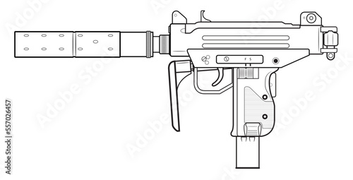 Vector illustration of the MICRO UZI israel machine gun with folded stock and silencer on the white background. Left side.