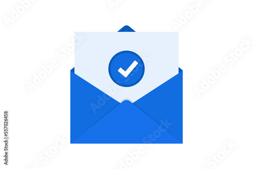 Envelope with approved letter. Opened envelope and document with blue tick icon. Confirmation email. Vector illustration