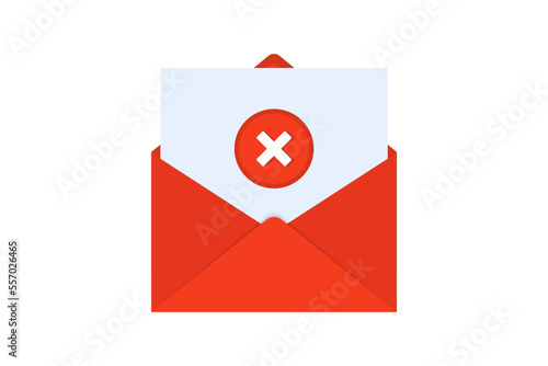 Envelope with rejected letter. Opened envelope and document with tick red cross icon. Rejection email. Vector illustration