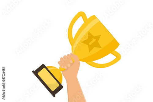 Winner prize goblet. First place champion trophy reward. Hand holding gold trophy cup. Success and business achievements concept with award cup. Vector illustration