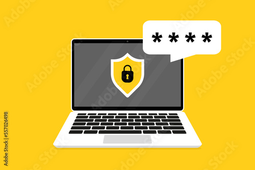 Shield with lock on computer. Padlock login password. Concept data protection on laptop. Personal data security. Protect confidential data laptop. Vector illustration