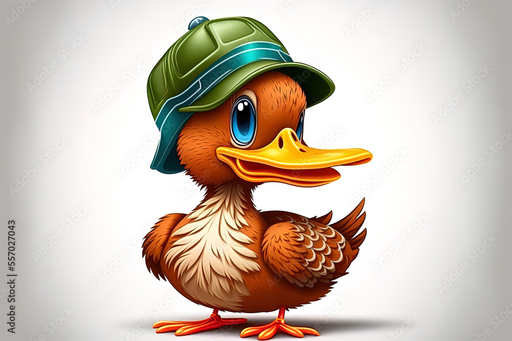Cartoon duck with cap, isolated on white backdrop. Generative AI Stock