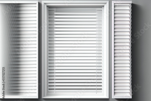Window jalousie curtains and venetian blinds isolated on clear backdrop. White plastic louver blinds in a realistic set for a home or office interior. Generative AI