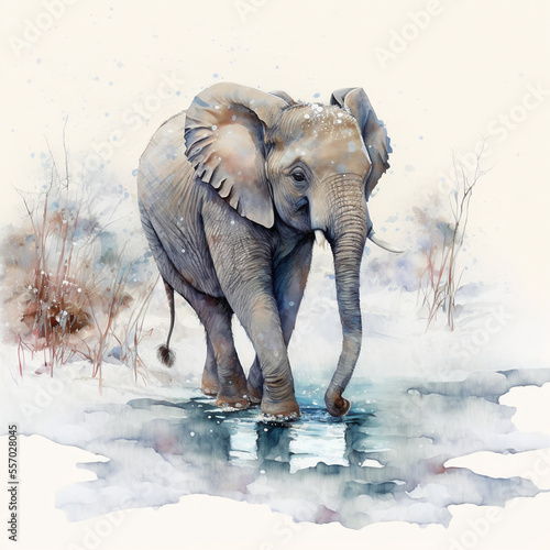 elephant in snow. watercolor illustration. Generative AI