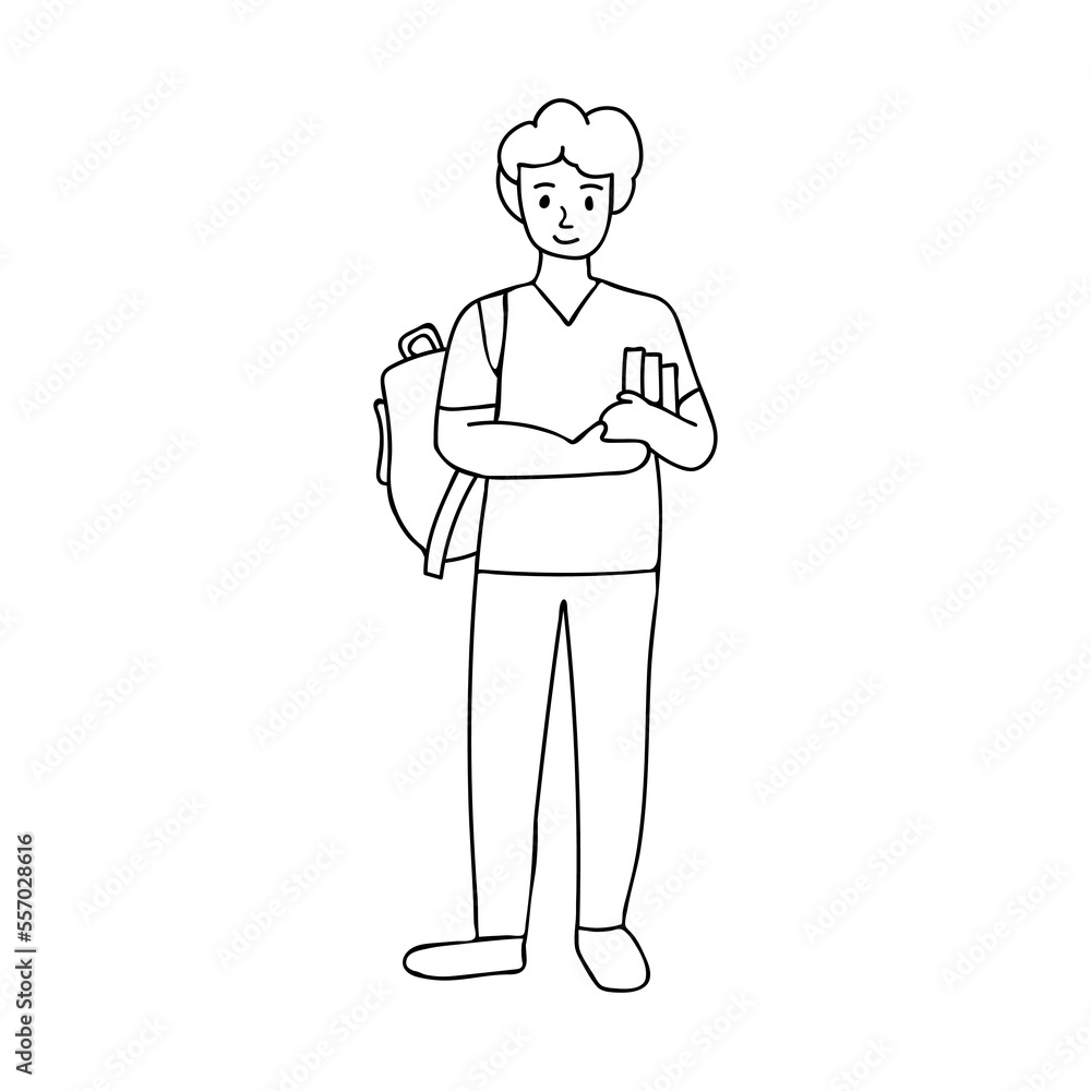 Doodle illustration of standing young male student with backpack in one hand and holding book with another hand front view. Young man standing with backpack and book hand drawn icon in vector. Doodle illustration of standing young male student with backpack in one hand and holding book with another hand front view. Young man standing with backpack and book hand drawn icon in vector.