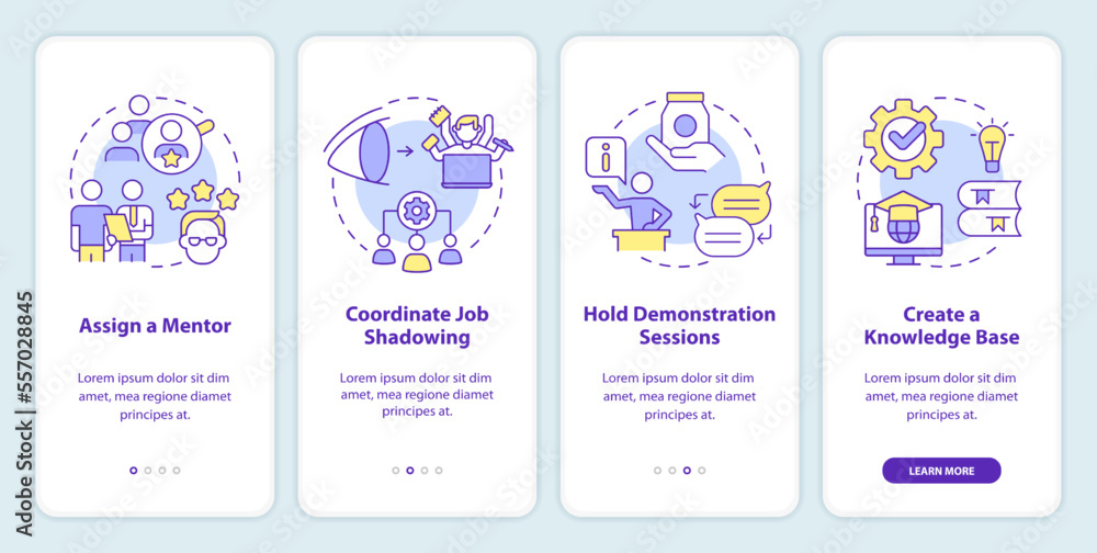 Product feature and application training onboarding mobile app screen. Walkthrough 4 steps editable graphic instructions with linear concepts. UI, UX, GUI template. Myriad Pro-Bold, Regular fonts used