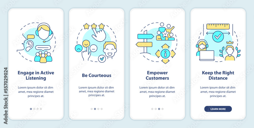 Call center customer service work onboarding mobile app screen. Walkthrough 4 steps editable graphic instructions with linear concepts. UI, UX, GUI template. Myriad Pro-Bold, Regular fonts used