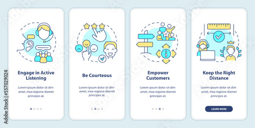Call center customer service work onboarding mobile app screen. Walkthrough 4 steps editable graphic instructions with linear concepts. UI, UX, GUI template. Myriad Pro-Bold, Regular fonts used
