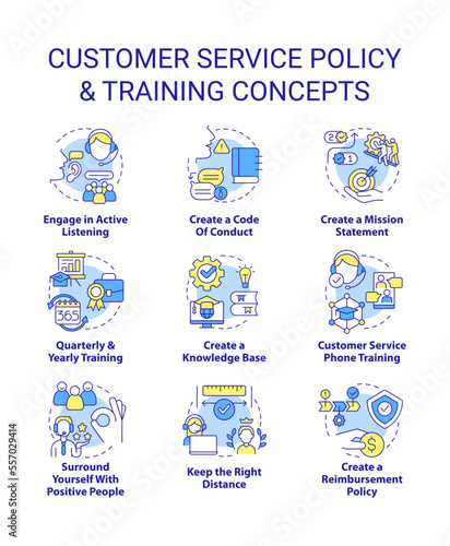 Customer service policy and training concept icons set. Corporate benefits idea thin line color illustrations. Isolated symbols. Editable stroke. Roboto-Medium, Myriad Pro-Bold fonts use