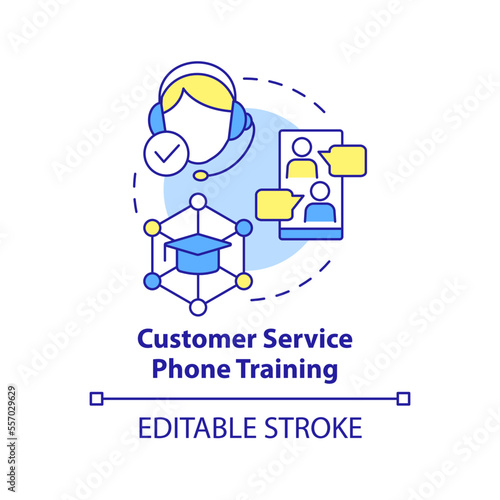Customer service phone training concept icon. Call center operator education abstract idea thin line illustration. Isolated outline drawing. Editable stroke. Arial, Myriad Pro-Bold fonts used