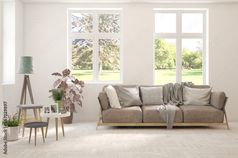 White living room with sofa and summer landscape in window. Scandinavian interior design. 3D illustration White living room with sofa and summer landscape in window. Scandinavian interior design. 3D illustration
