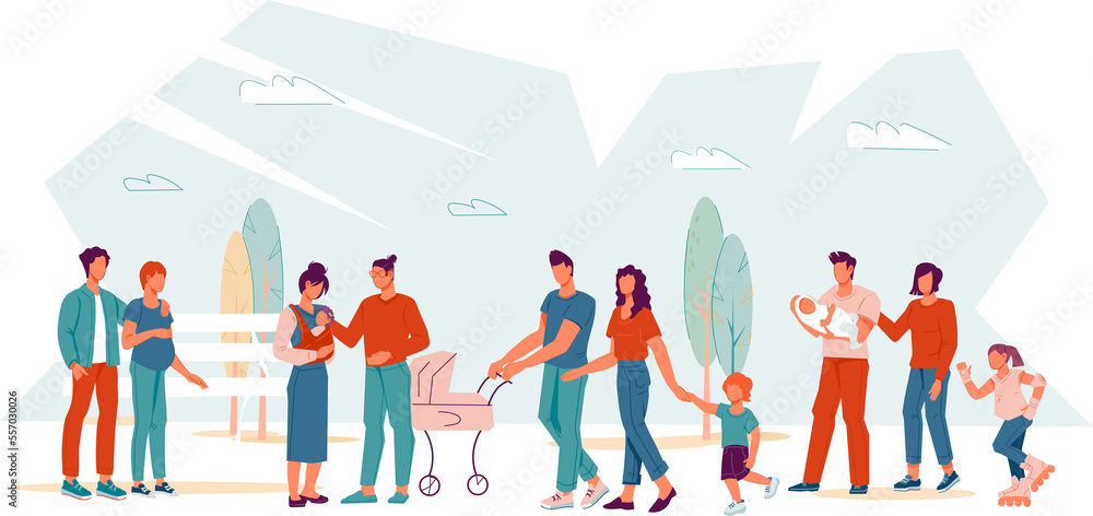 Family walk banner design. Parents and children walking in city or park together. Family spare time and weekend.