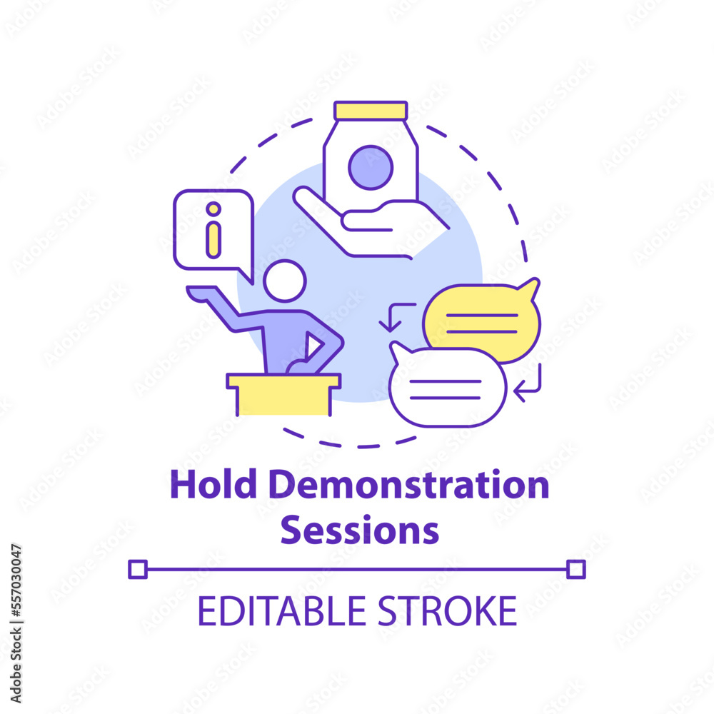 Hold demonstration sessions concept icon. Product feature and application training abstract idea thin line illustration. Isolated outline drawing. Editable stroke. Arial, Myriad Pro-Bold fonts used