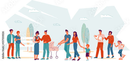 Family walk banner design. Parents and children walking in city or park together. Family spare time and weekend.