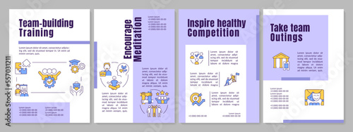 Training for teambuilding purple brochure template. Cooperation. Leaflet design with linear icons. Editable 4 vector layouts for presentation, annual reports. Anton, Lato-Regular fonts used