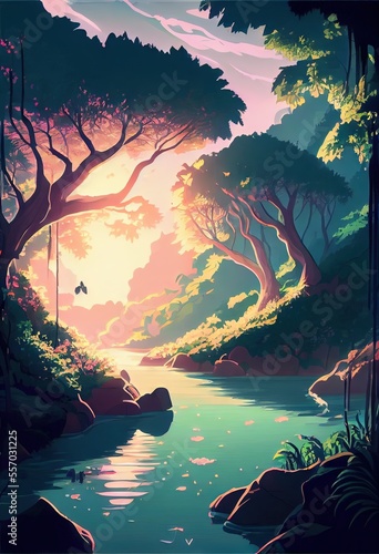 Beautiful Anime Sunset Scenery Forest. AI generated art illustration. © Дима Пучков