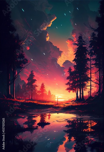 Beautiful Anime Sunset Scenery Forest. AI generated art illustration.