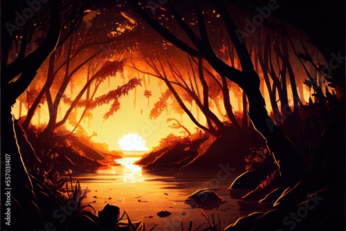 Beautiful Anime Sunset Scenery Forest. AI generated art illustration.