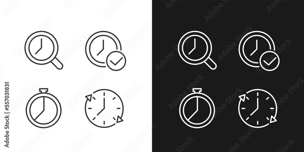 Time management pixel perfect linear icons set for dark, light mode. Deadline approval. Countdown timer. Period. Thin line symbols for night, day theme. Isolated illustrations. Editable stroke Time management pixel perfect linear icons set for dark, light mode. Deadline approval. Countdown timer. Period. Thin line symbols for night, day theme. Isolated illustrations. Editable stroke