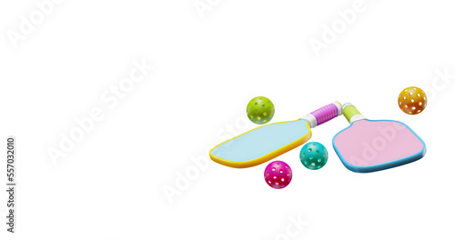 Two paddle rackets for playing pickleball with balls on a transparent background. Sport hobby 3D rendering
