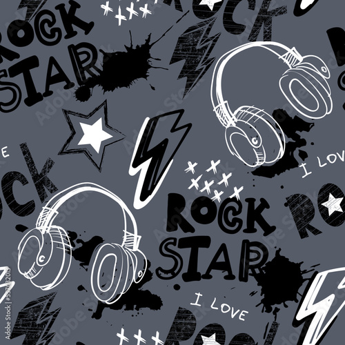 Abstract seamless modern pattern with spray paint, words rock star.  Abstract fashion drawing print design in hand drawing style.