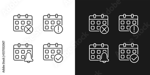 Calendar app management pixel perfect linear icons set for dark, light mode. Meeting reminder. Daily schedule. Thin line symbols for night, day theme. Isolated illustrations. Editable stroke