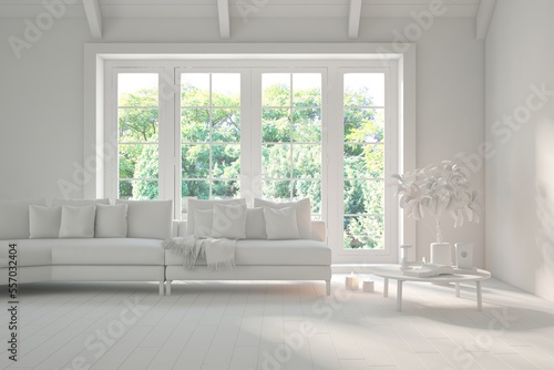 White living room with sofa and summer landscape in window. Scandinavian interior design. 3D illustration