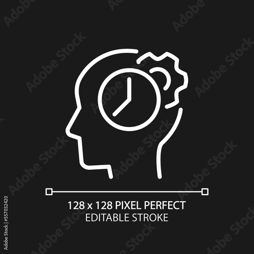 Time for thinking process pixel perfect white linear icon for dark theme. Synchronizing biological clock. Thin line illustration. Isolated symbol for night mode. Editable stroke. Arial font used