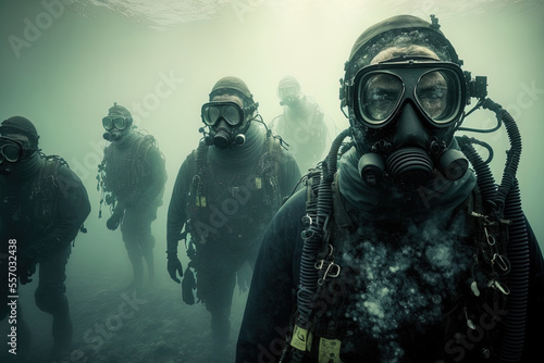 Divers in a group in mud poor visibility in the sea, risky diving. Generative AI