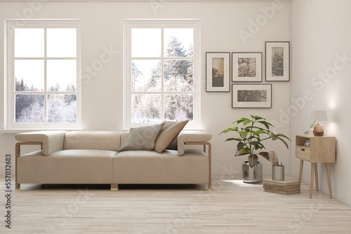 White living room with sofa and winter landscape in window. Scandinavian interior design. 3D illustration