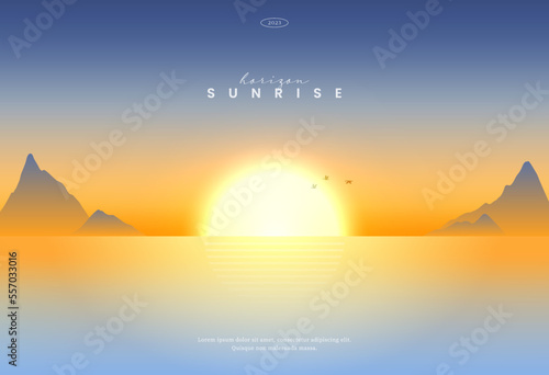 Beautiful sunrise or sunset in ocean, Nature landscape background, Shining sun above sea. Rocks sticking up of water surface. Evening or morning view. Modern style, Trendy vector illustration.