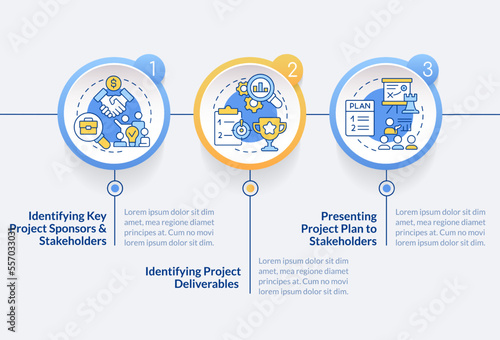 Project planning stages circle infographic template. Workflow. Data visualization with 3 steps. Editable timeline info chart. Workflow layout with line icons. Lato-Bold, Regular fonts used
