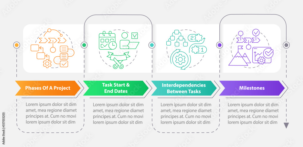 Includes of project plan rectangle infographic template. Management. Data visualization with 4 steps. Editable timeline info chart. Workflow layout with line icons. Myriad Pro-Bold, Regular fonts used