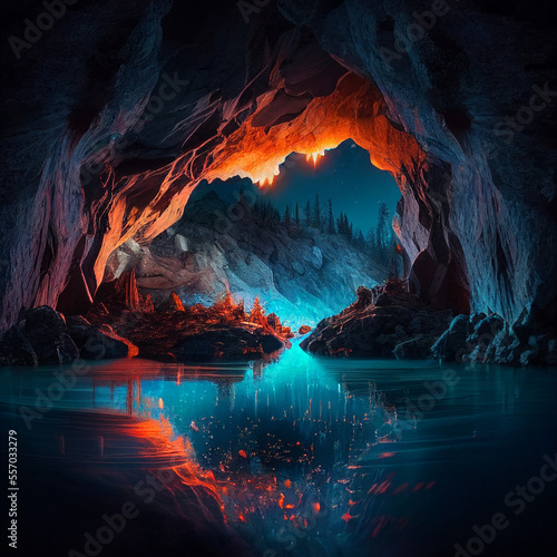 sunset in the cave. generative AI picture. 