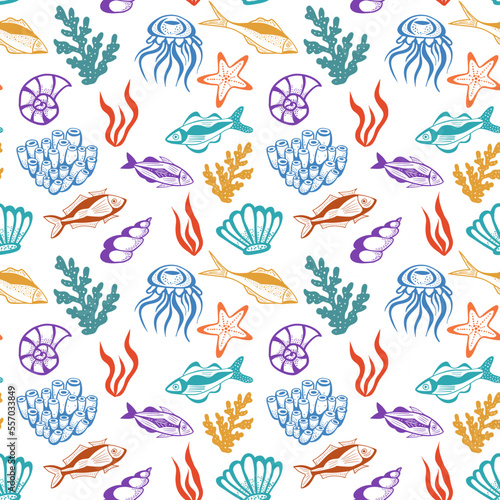 Hand drawn sketch sea fish background. Vector seamless doolle style pattern with fish and sea animals