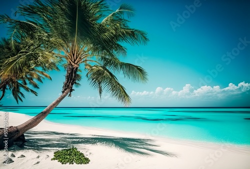 Palm trees against blue sky, tropical coast with mountains on a background, ocean, sea with turquoise water. Summertime.