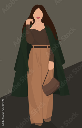 Vector flat image of a young girl with long hair walking down the street. A girl in a sweater, loose pants, coat, boots and a bag. Design for avatars, posters, backgrounds, templates, banners.