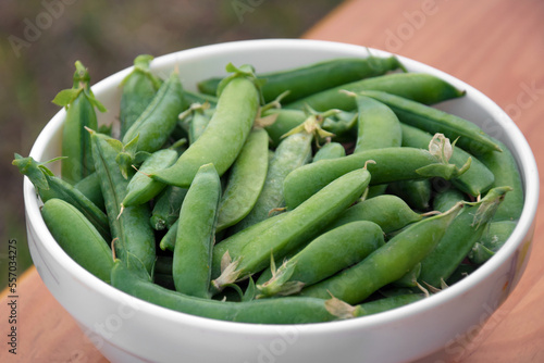 Green peas in a white plate on a wooden bench.