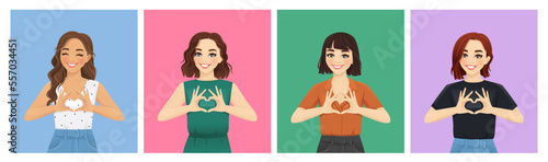 Happy young women making heart shape with hands set. Love concept vector illustration