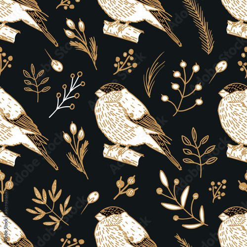 Seamless Christmas pattern with fir branches, flowers, birds. Drawn winter bird bullfinch. Vector illustration for wrapping paper design, background, textile, wallpaper, fabric, cards.